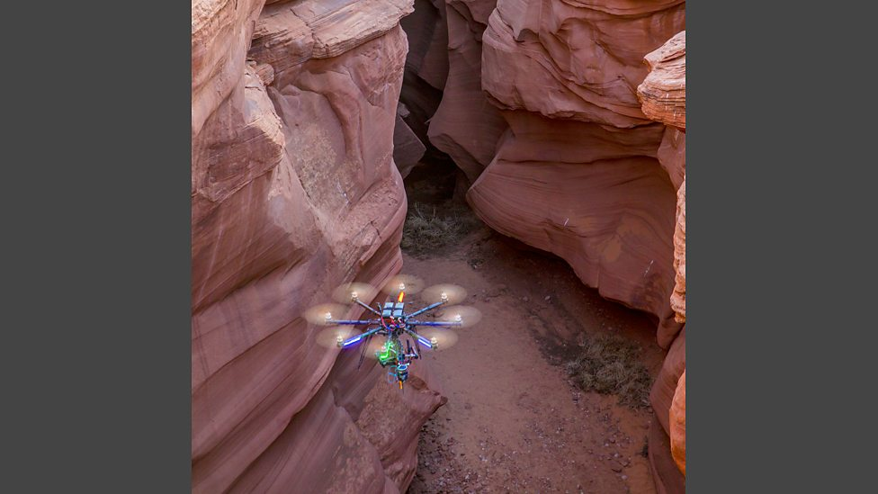 Drone navigating narrow canyon without GPS.